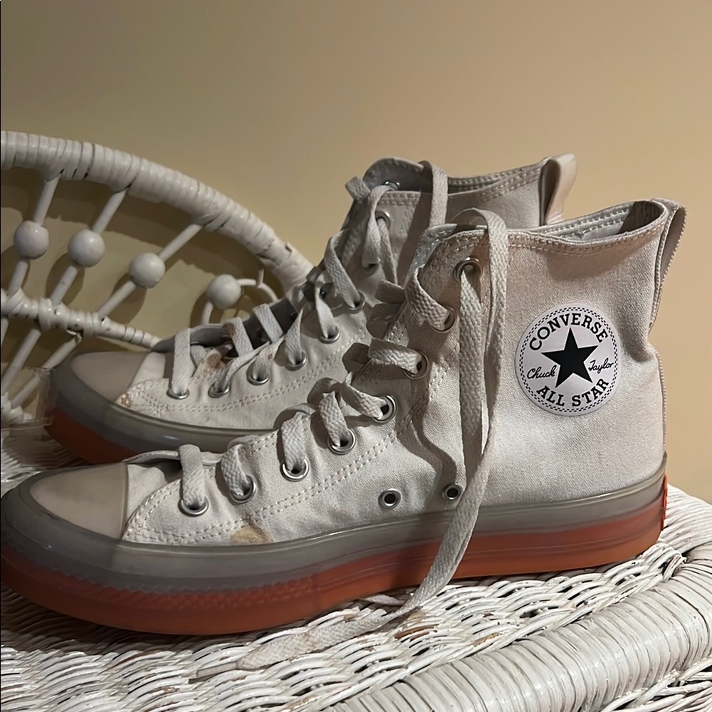 Converse Cream High-Tops with Orange Sole